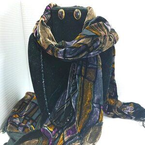 Silk Velvet Scarf, Black Goldtone Earrings, Crystal beads Necklace Lady Gift set